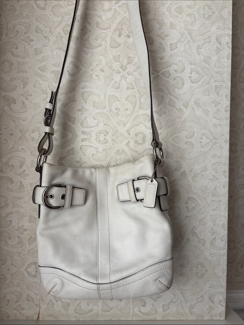 Coach White Leather Shoulder Bag with Buckle Details
